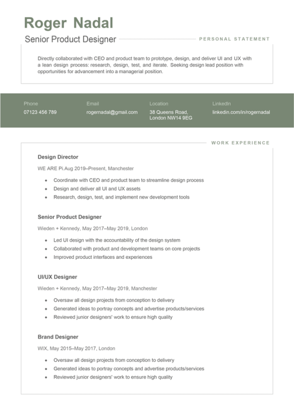 The first page of the Mercia CV template in green.