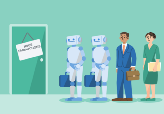 une illustration de candidats humains et de robots faisant la queue devant une porte où est indiquer une recherche de personnel