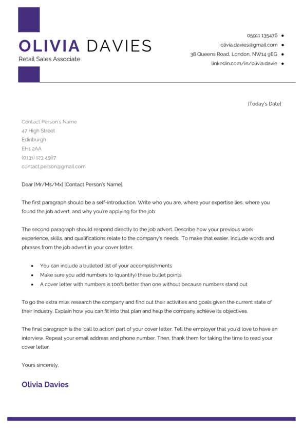 The Metropolitan cover letter template in purple.