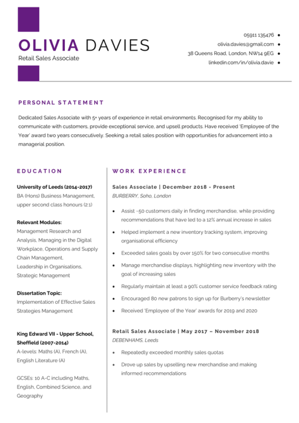 The first page of the Metropolitan CV template in purple.