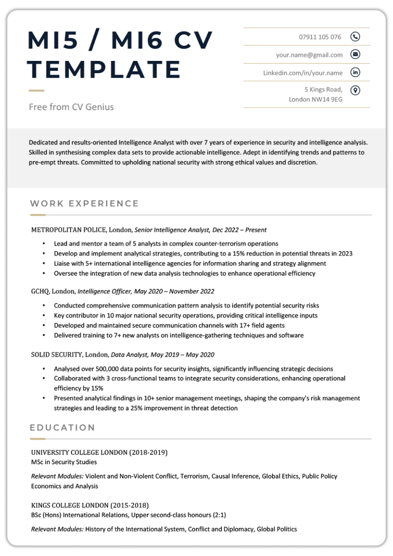 A free government CV template for an MI5 or MI6 job. It features extra-bold text in the header, a personal profile in a grey bar, and left-aligned content the rest of the way down the page.