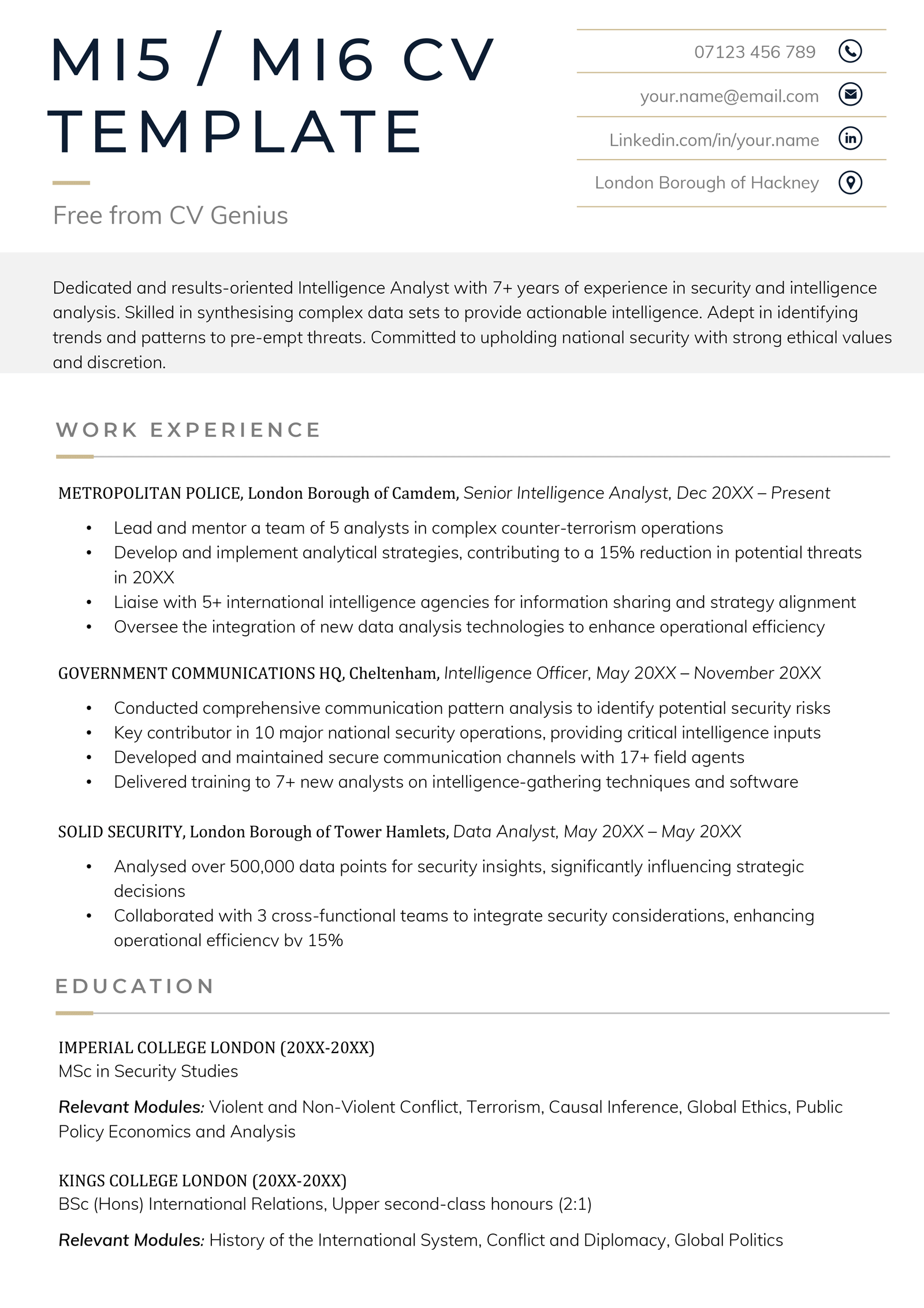 A free government CV template for an MI5 or MI6 job. It features extra-bold text in the header, a personal profile in a grey bar, and left-aligned content the rest of the way down the page.