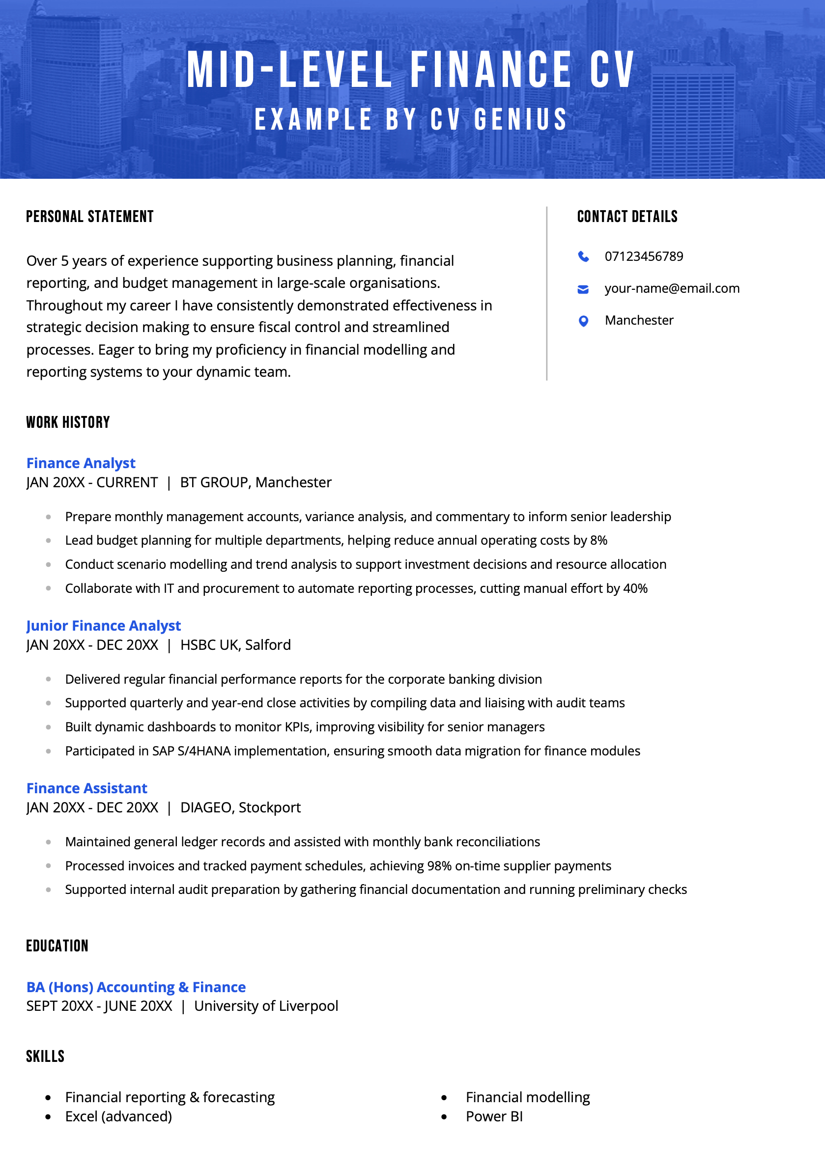 Mid level finance CV example