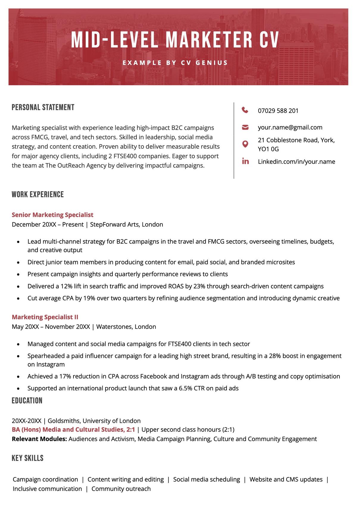 A mid-level marketer CV example