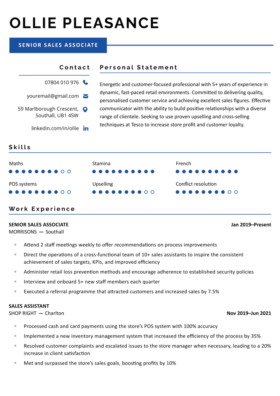 The navy blue version of the Coventry CV Template, with the applicant's name in a bold sans serif font, and a modern skills section that uses blue circles to highlight the applicant's different competency levels.