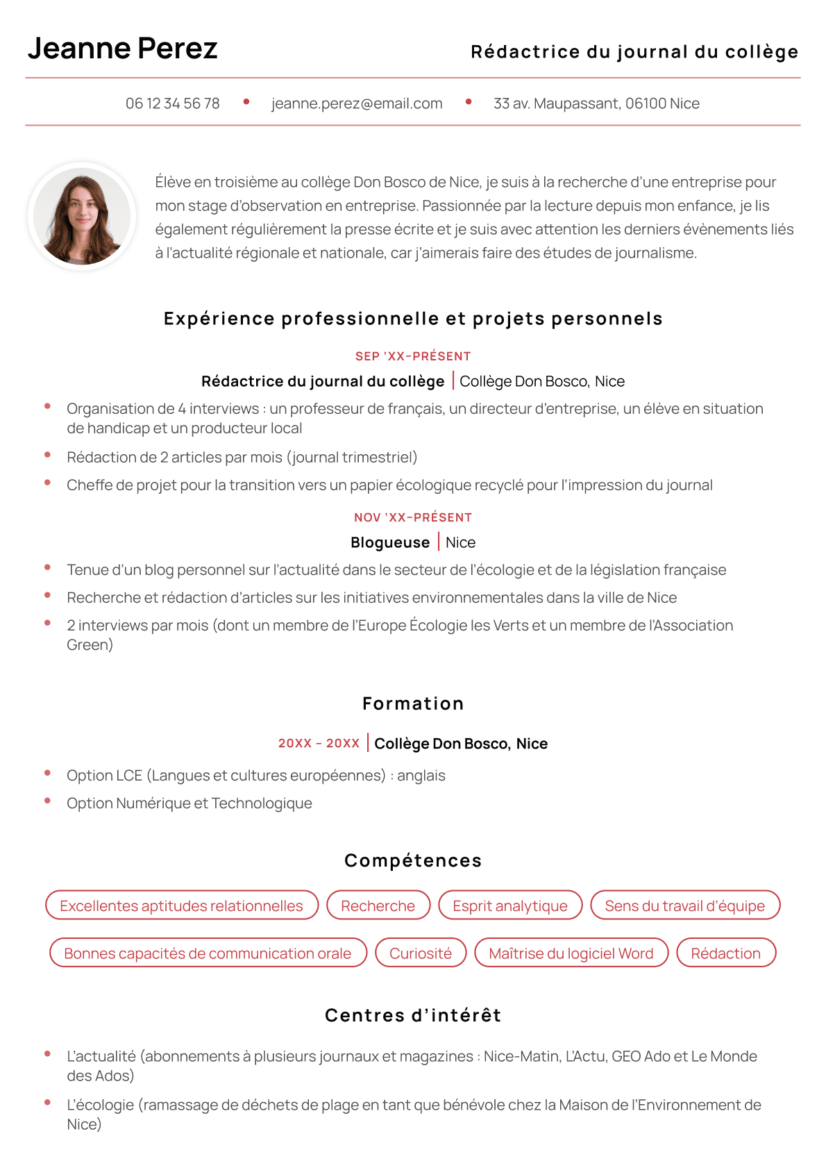 Le modèle de CV « Athènes » en rouge