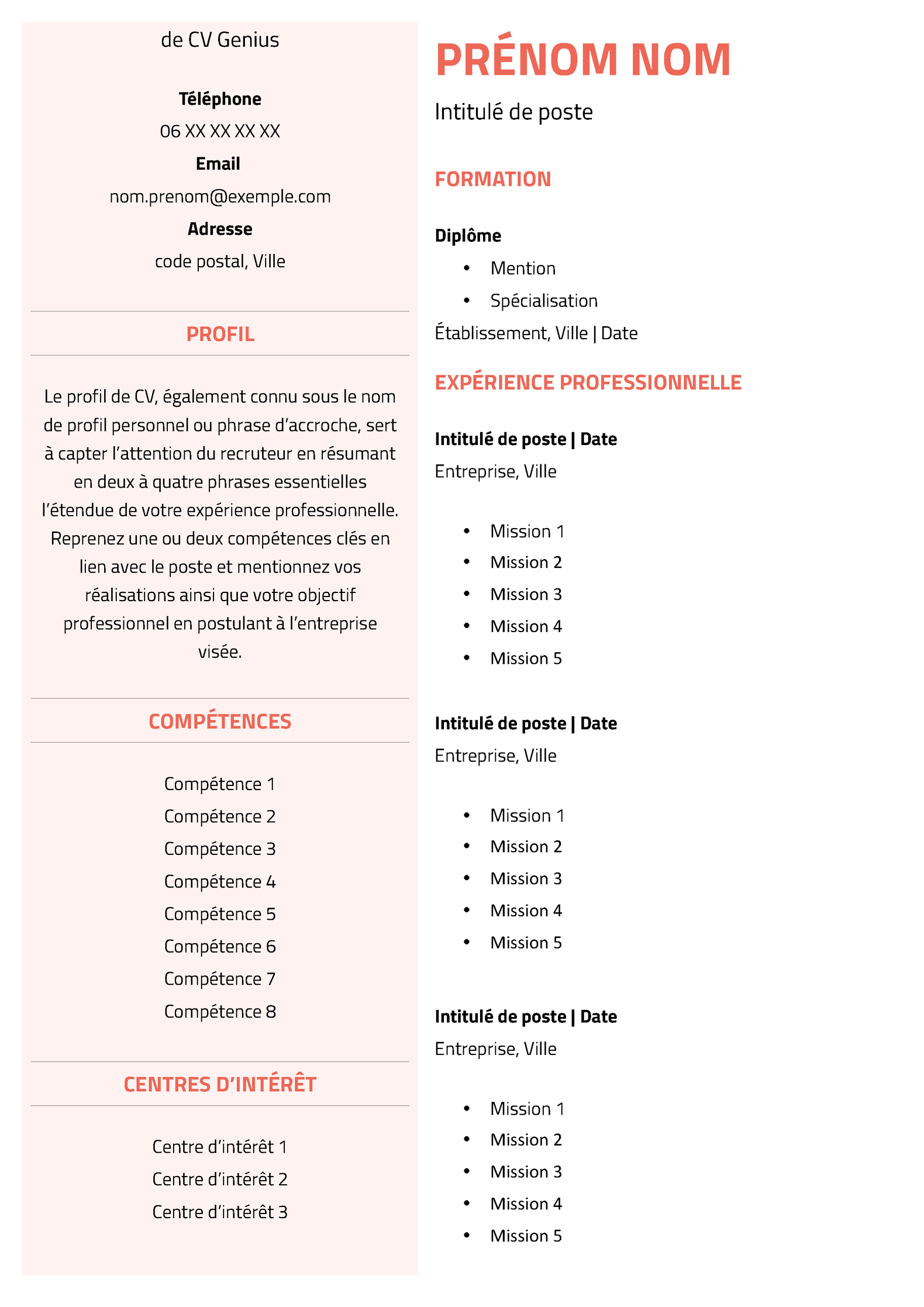 un modèle CV vierge LibreOffice sans photo