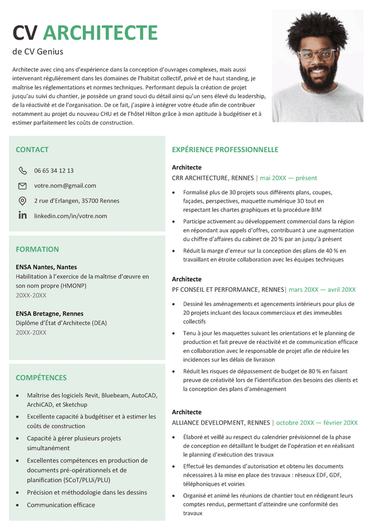 un exemple d'un modèle de CV architecte de deux colonnes avec celle de gauche de couleur verte et une photo professionnelle en haut du CV