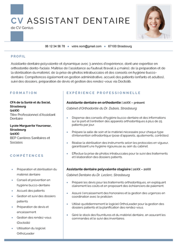 un exemple de CV Assistant dentaire