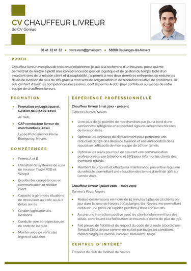 un exemple d'un modèle de CV chauffeur livreur avec un en-tête simple avec une pointe de couleur kaki et une photo professionnelle