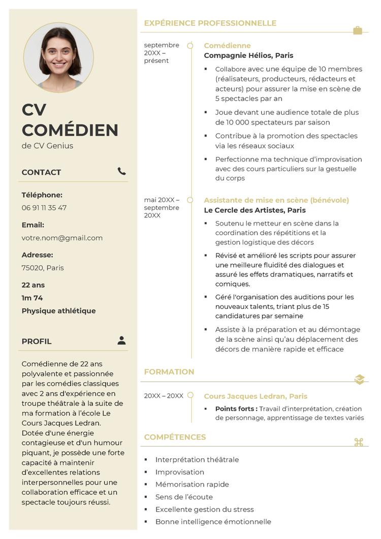 exemple d'un CV comédien avec une photo professionnelle et qui précise l'âge et la taille du candidat pour aider les directeurs de casting à mieux cerner si leur physique correspond au personnage recherché