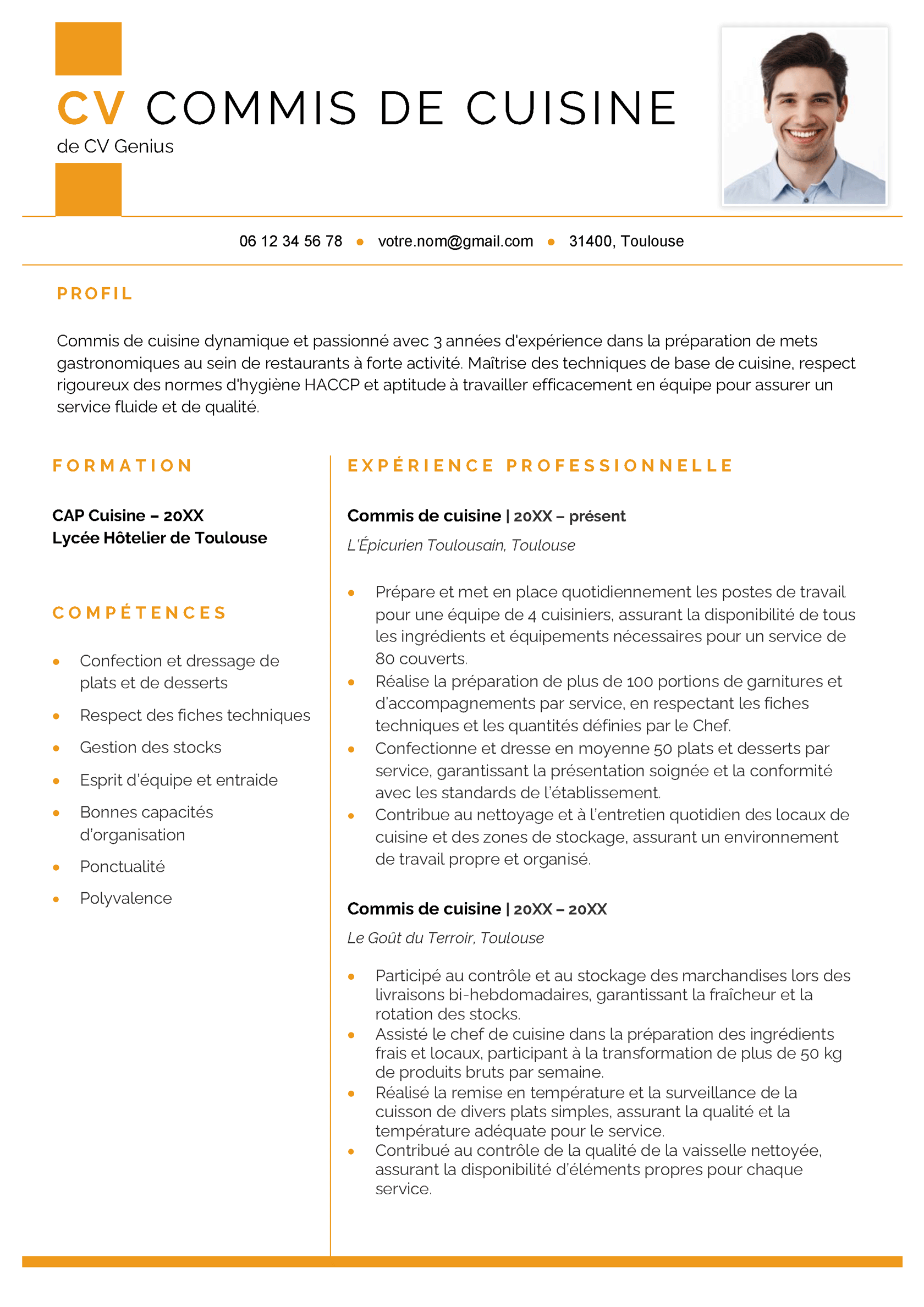un exemple d'un CV commis de cuisine
