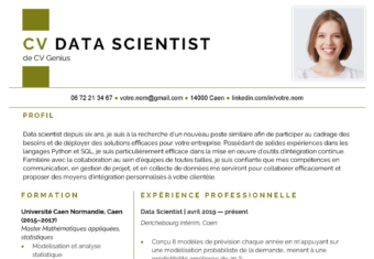 exemple d'un modèle de CV de data scientist avec un en-tête couleur kaki et une photo