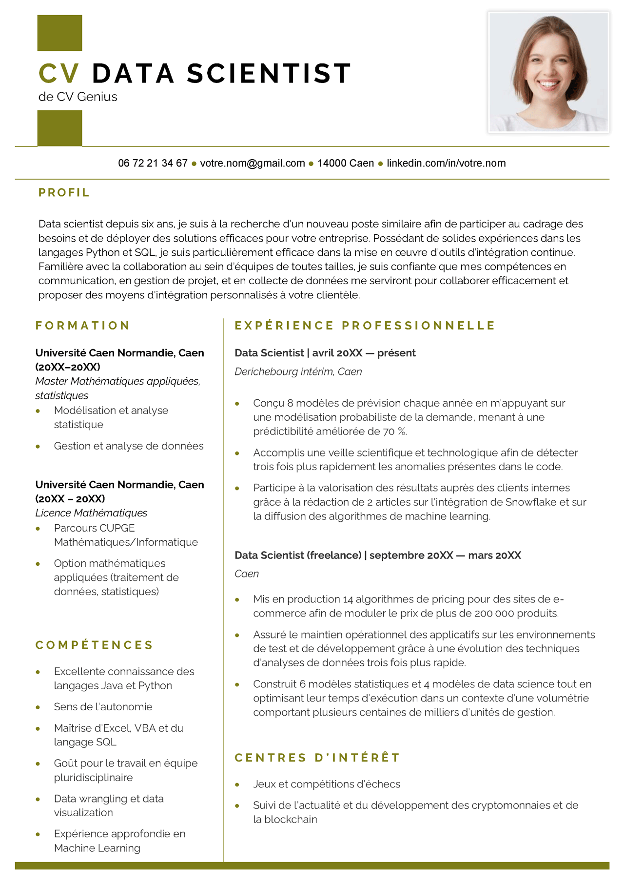exemple d'un modèle de CV de data scientist avec un en-tête couleur kaki et une photo