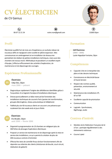 un exemple d'un modèle de CV électricien de couleur jaune avec une photo professionnelle