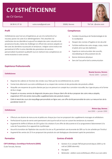 un exemple d'un modèle de CV esthéticienne de couleur magenta avec photo