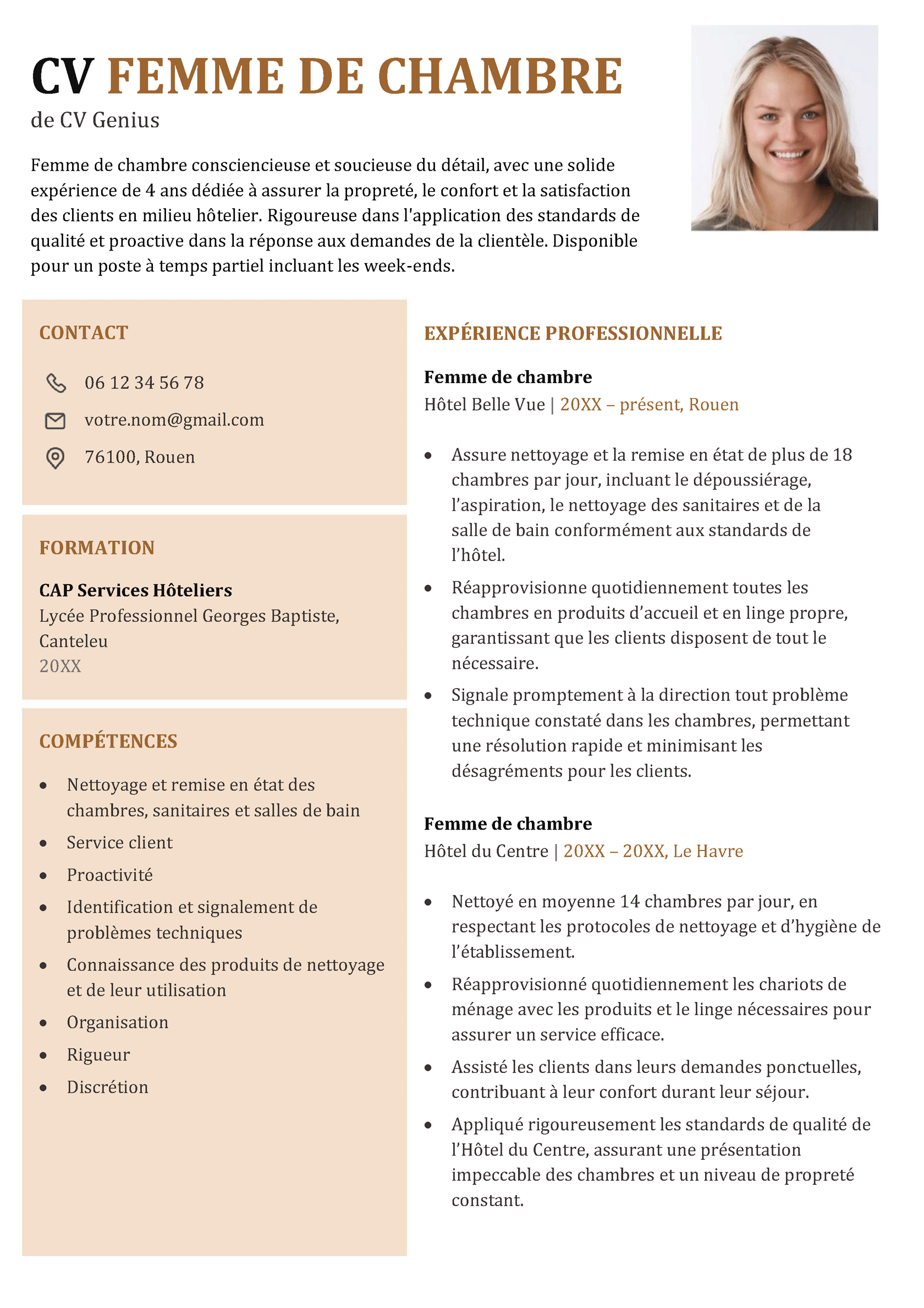 un exemple d'un CV femme de chambre