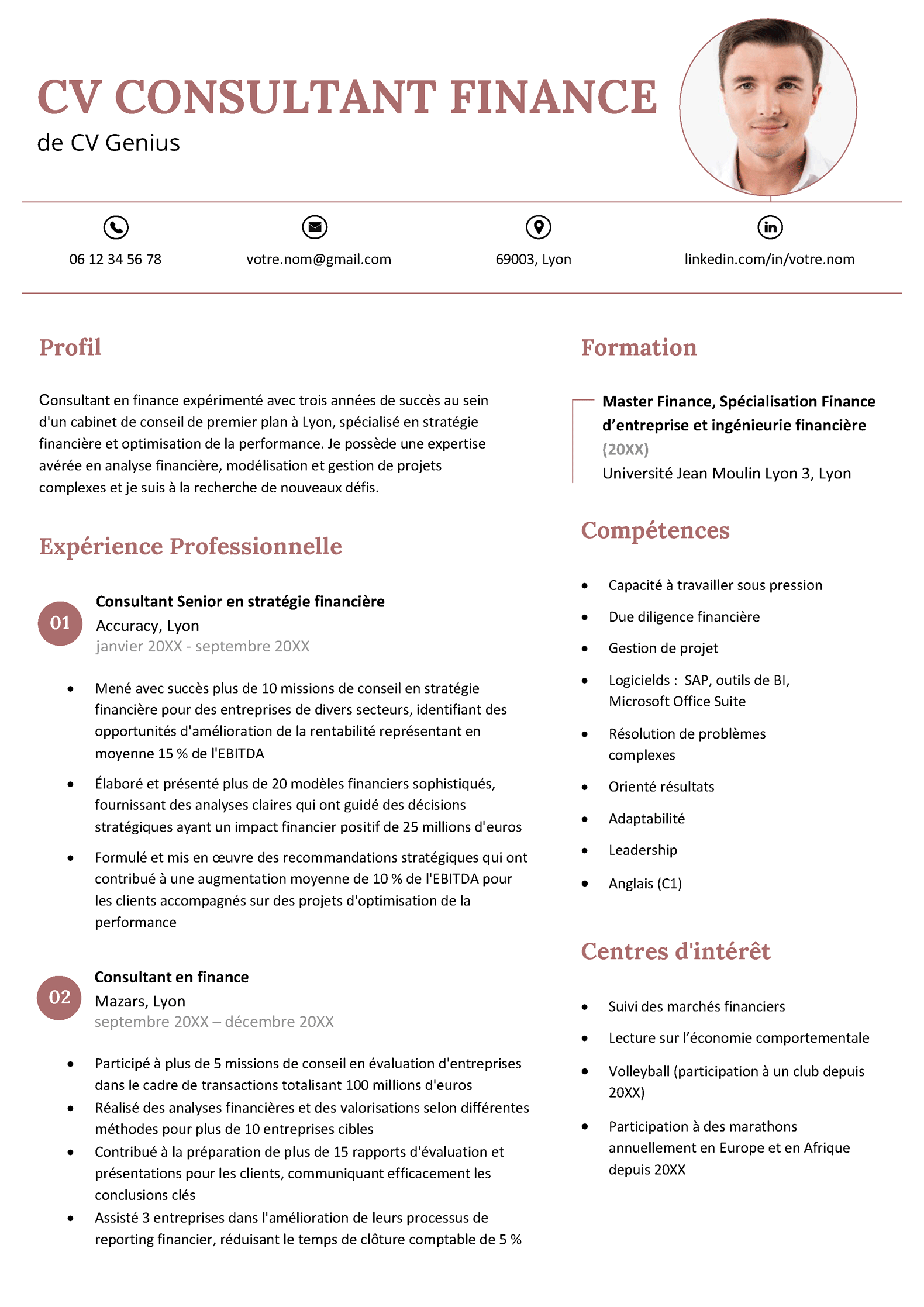 un exemple de CV pour un consultant en finance avec des rubriques claires et des informations pertinentes au poste visé