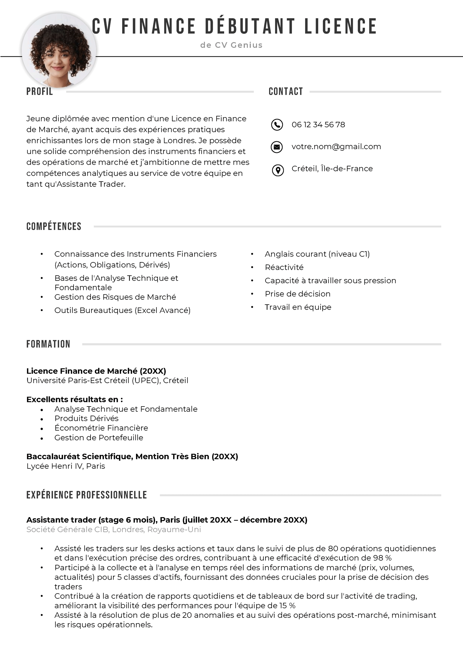 un exemple de CV pour un débutant en finance avec des rubriques claires et des informations pertinentes au poste visé