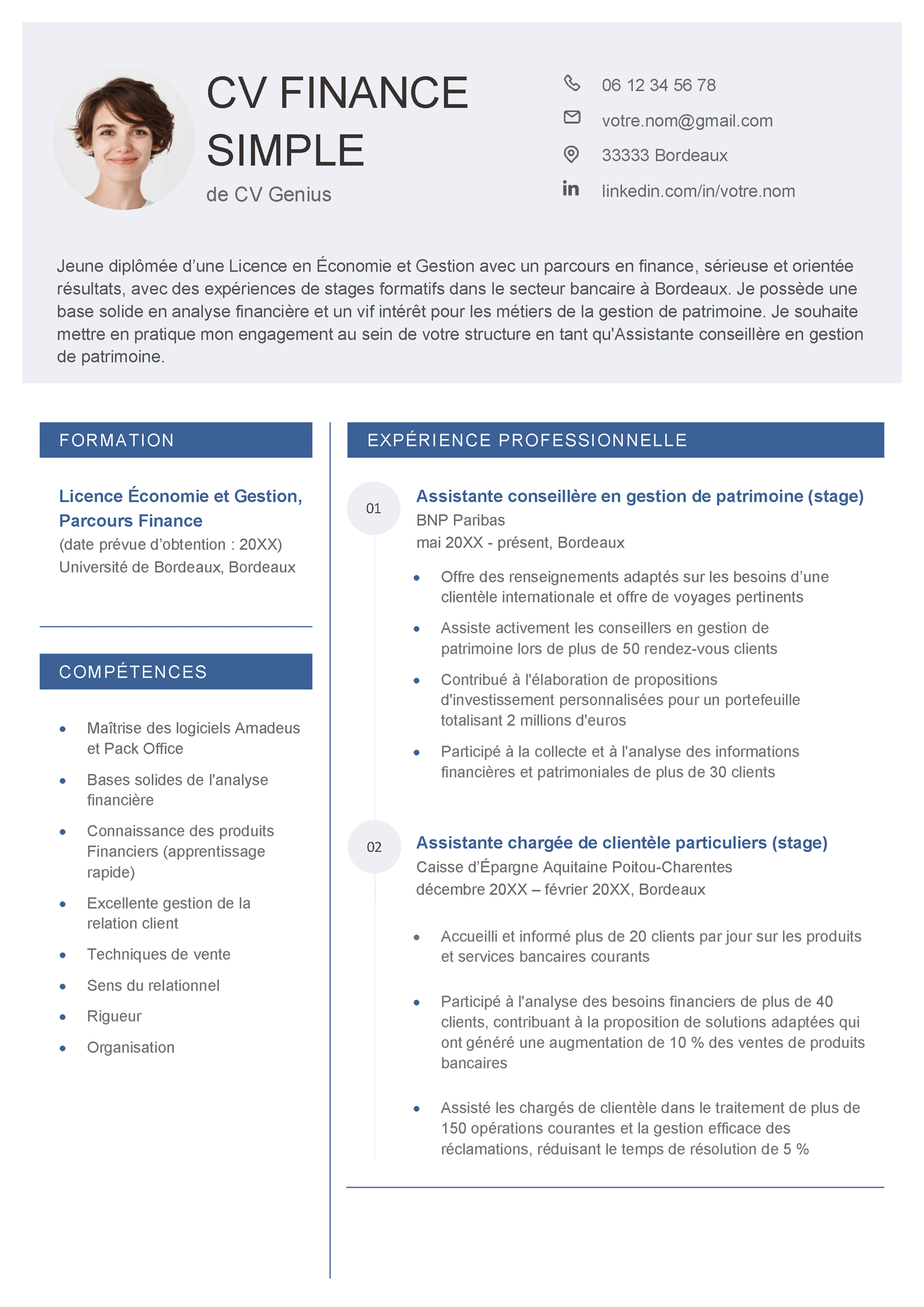 un exemple de CV finance simple avec des rubriques claires et aérées et des informations pertinentes au poste visé