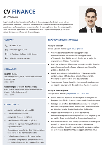 exemple d'un modèle de CV en finance avec une photo professionnelles et des rubriques claires de couleur sobre