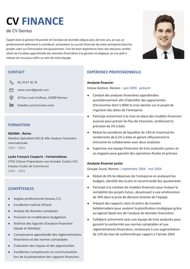 exemple d'un modèle de CV en finance avec une photo professionnelles et des rubriques claires de couleur sobre