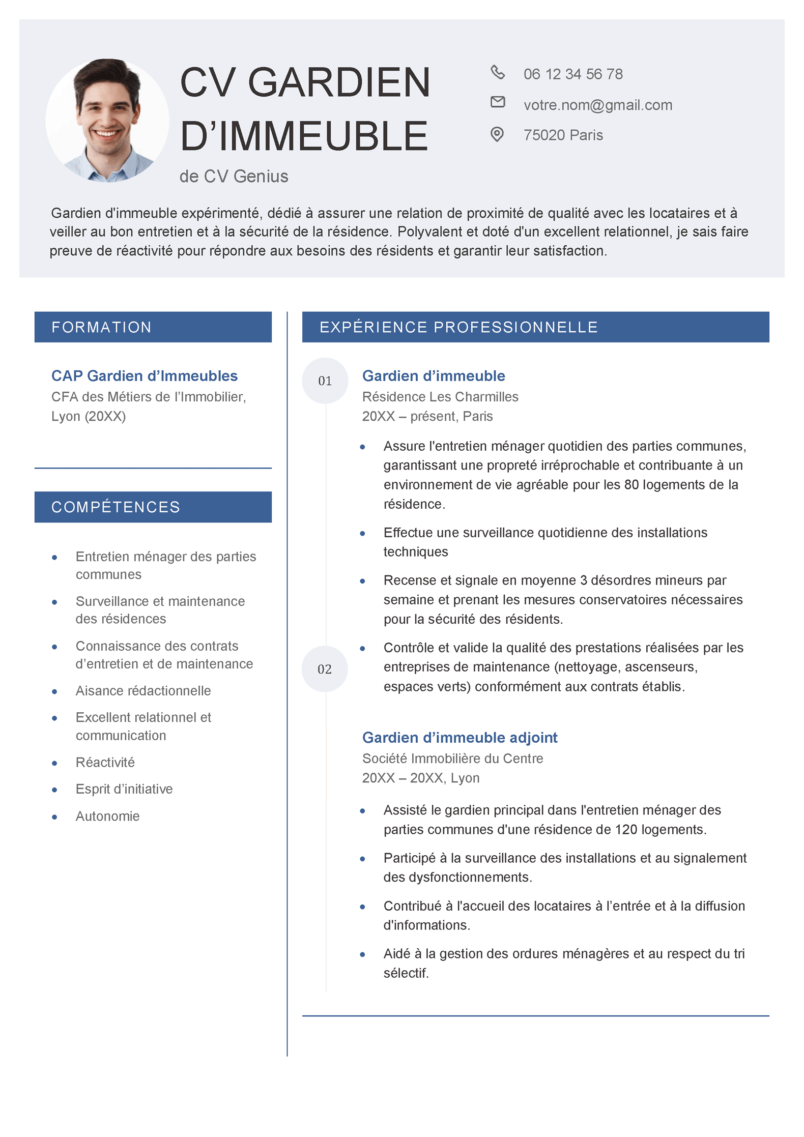 un exemple d'un CV gardien d'immeuble