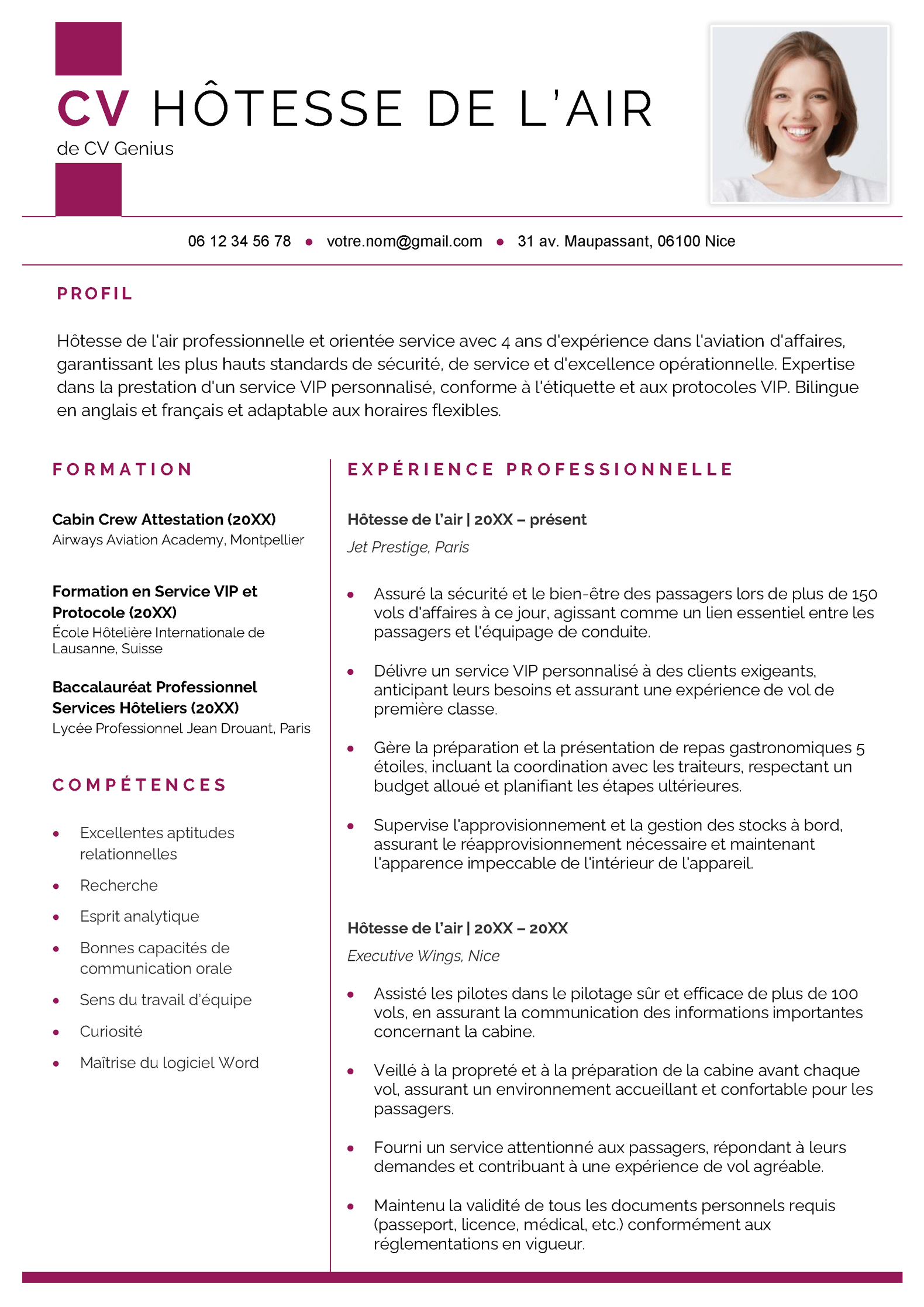 un exemple d'un CV hôtesse de l'air