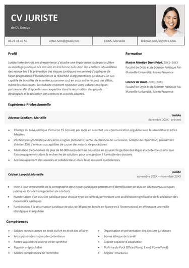 un exemple d'un modèle de cv juriste sobre et moderne avec une photo professionnelle