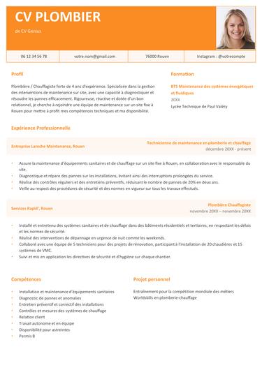 exemple d'un CV plombier avec quelques années d'expérience