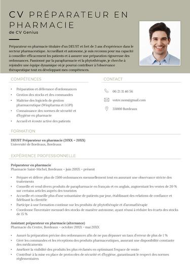 un exemple d'un CV préparateur de pharmacie avec un en-tête large et une photo CV professionnelle