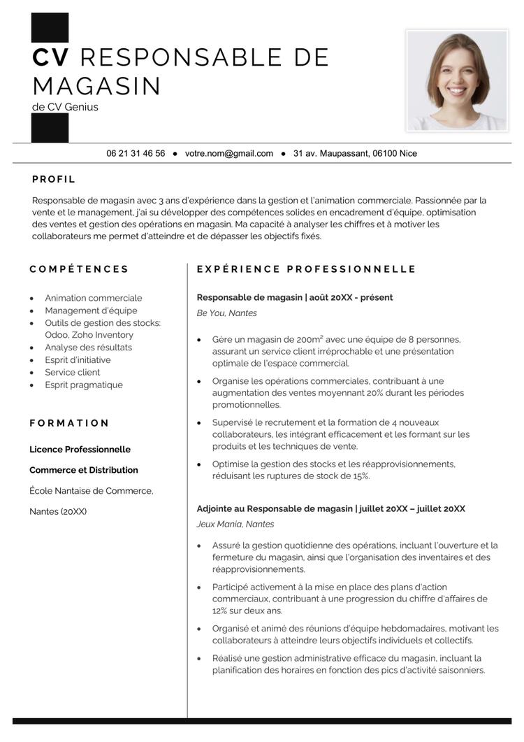 exemple d'un CV responsable de magasin avec quelques années d'expérience