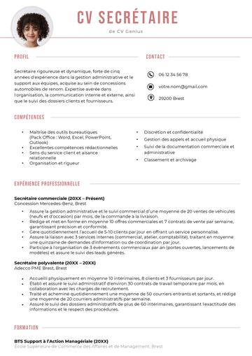 un exemple d'un CV Secrétaire