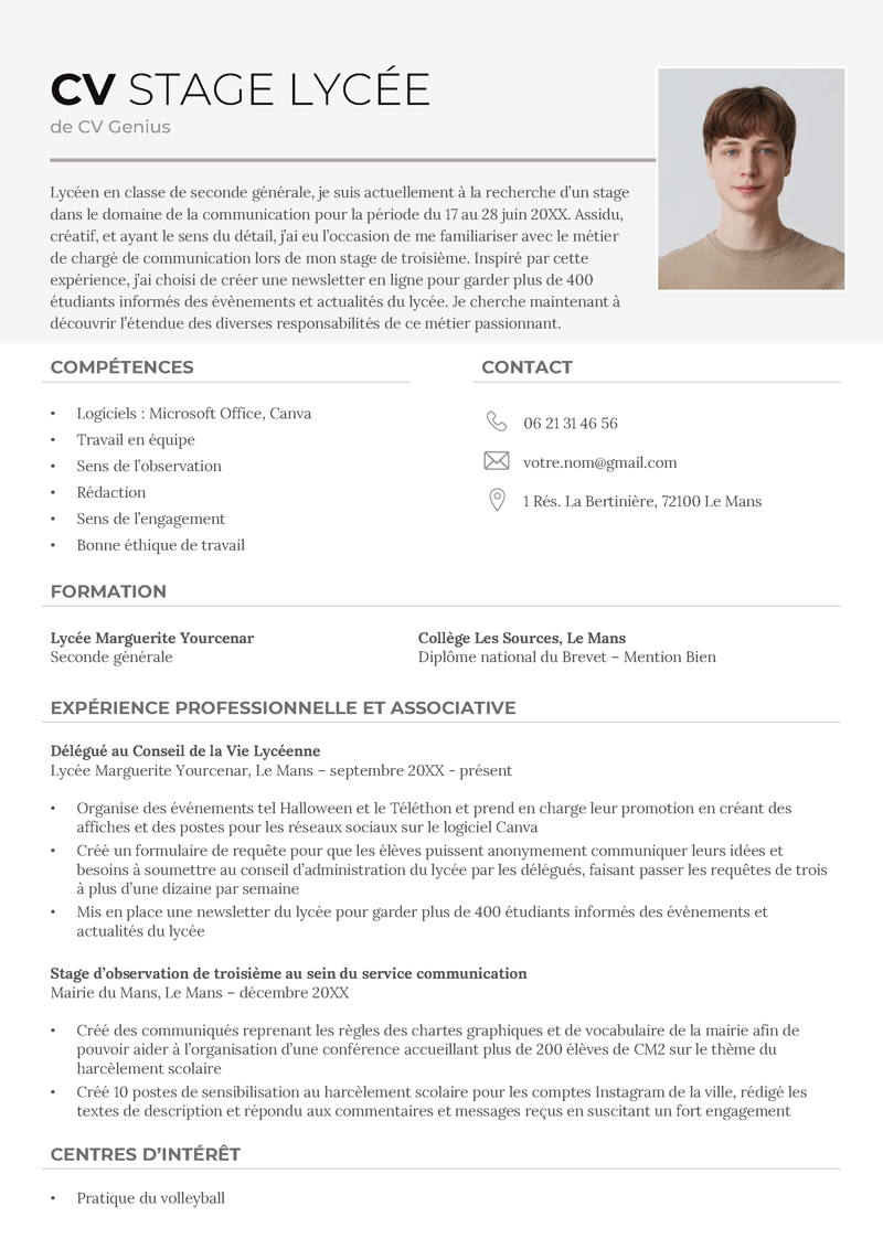 un exemple d'un CV pour un stage lycée avec une photo professionnelle et un en-tête de couleur grise