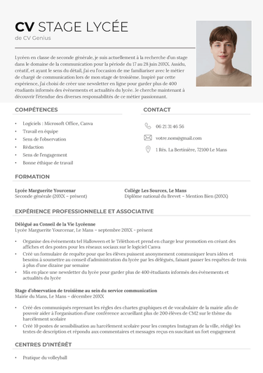 un exemple d'un CV pour un stage lycée avec une photo professionnelle et un en-tête de couleur grise