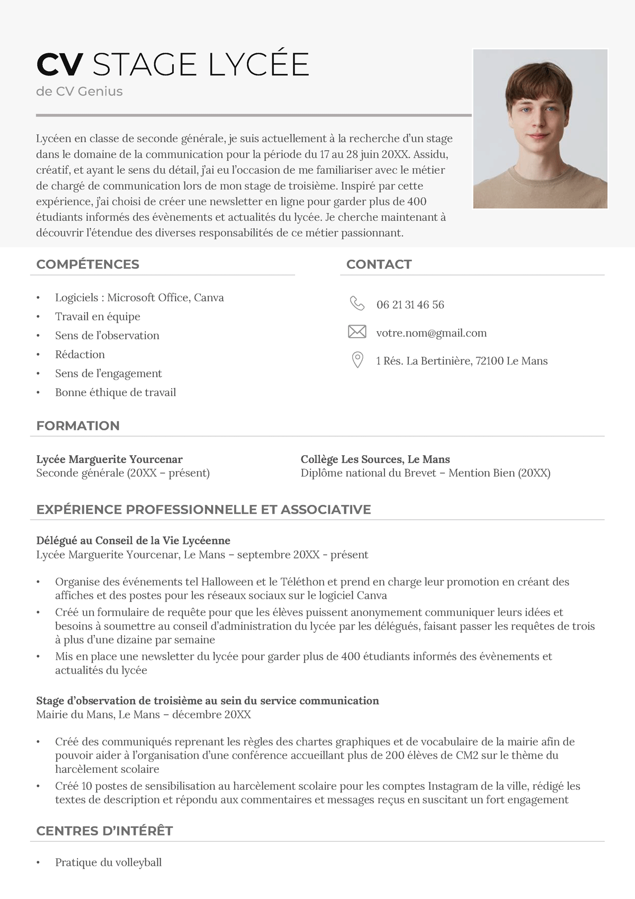 CV stage lycée Modèle et exemple