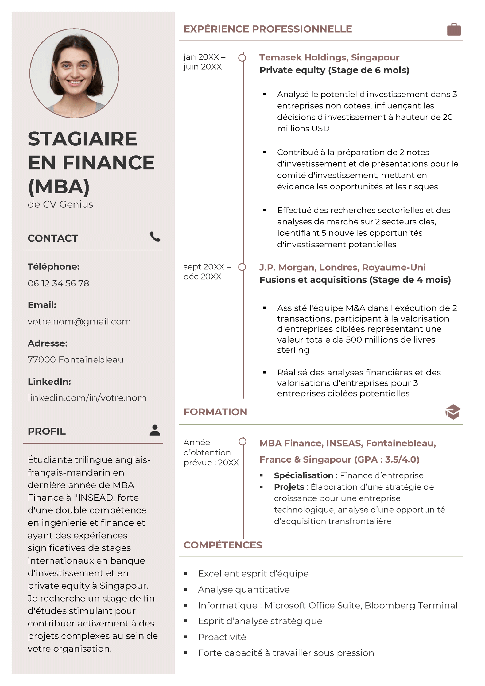 un exemple de CV pour un stage finance avec des rubriques claires et des informations pertinentes au poste visé