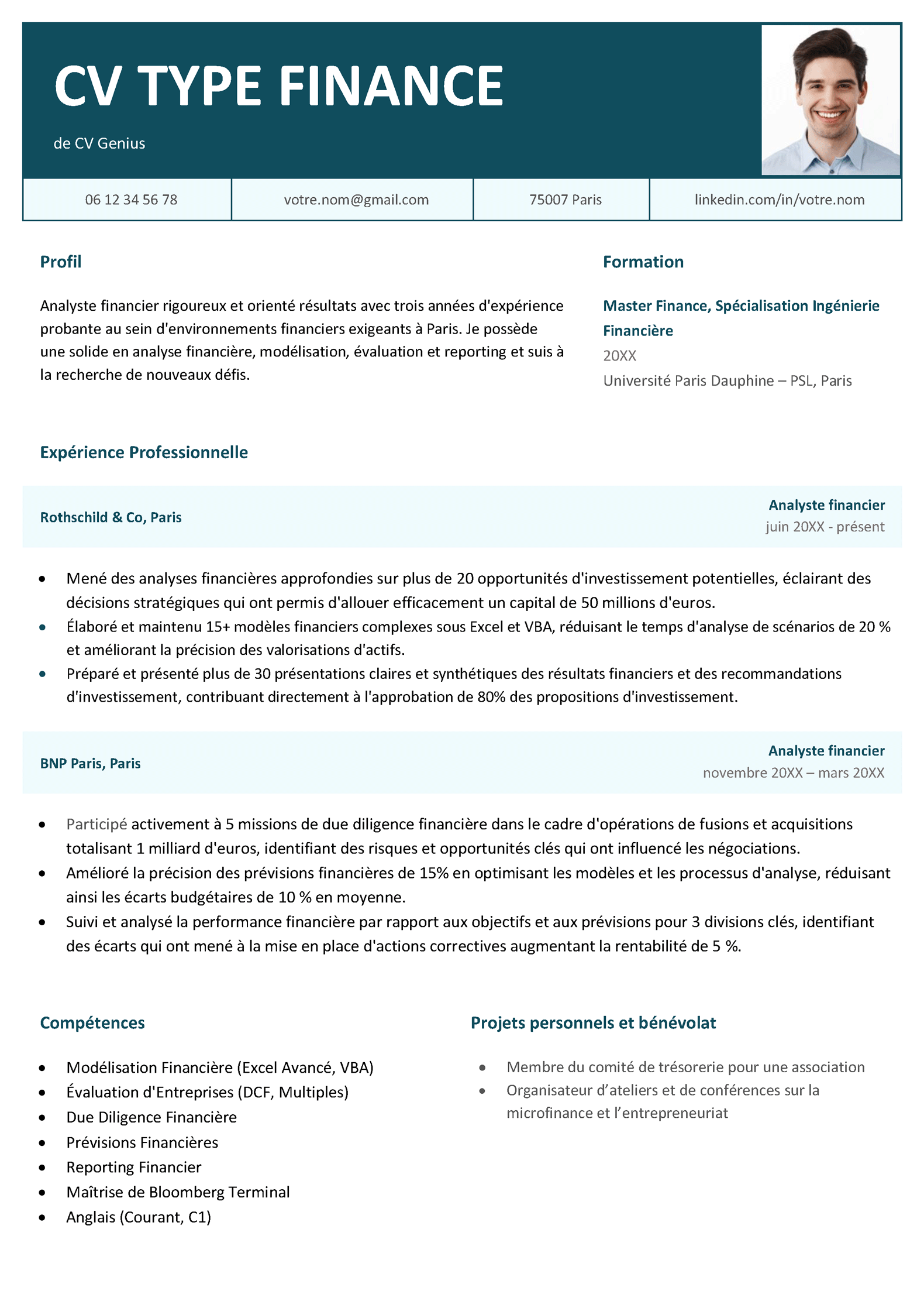 un exemple de CV type finance avec des rubriques claires et des informations pertinentes au poste visé