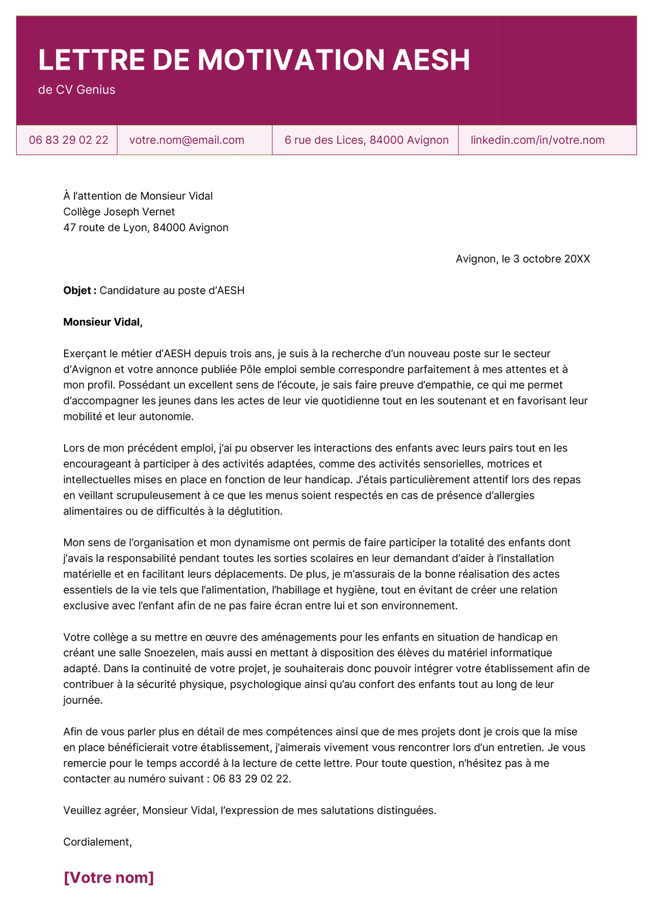 exemple d'un modèle de lettre de motivation AESH avec un en-tête de couleur fuschia