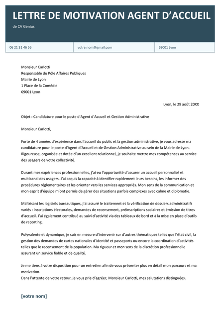 Un exemple d’une lettre de motivation agent d’accueil