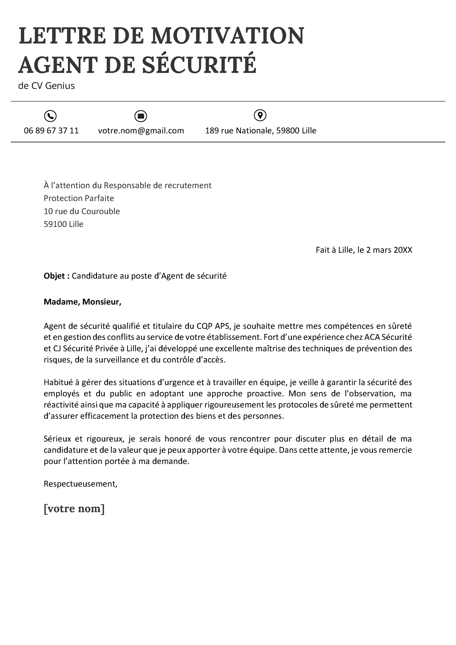 un exemple d'une lettre de motivation pour agent de sécurité simple et impactante