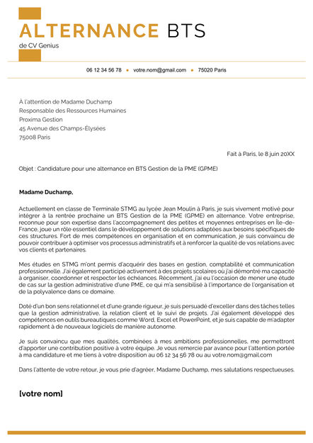 exemple d'une lettre de motivation pour une alternance BTS