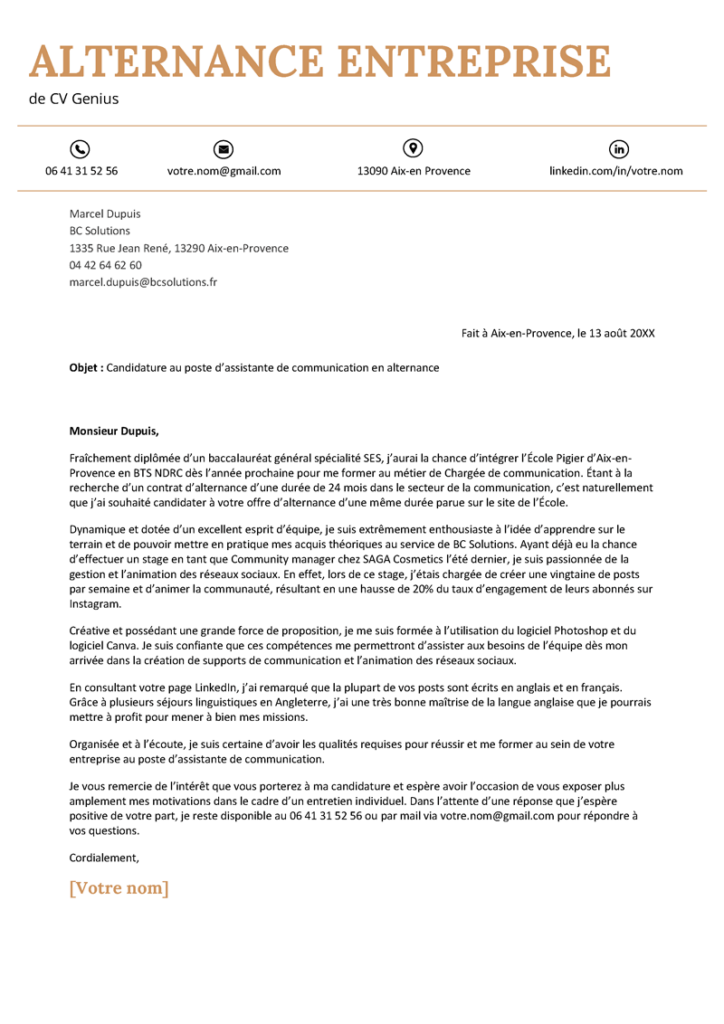 Lettre de motivation alternance entreprise Modèle exemple — free download