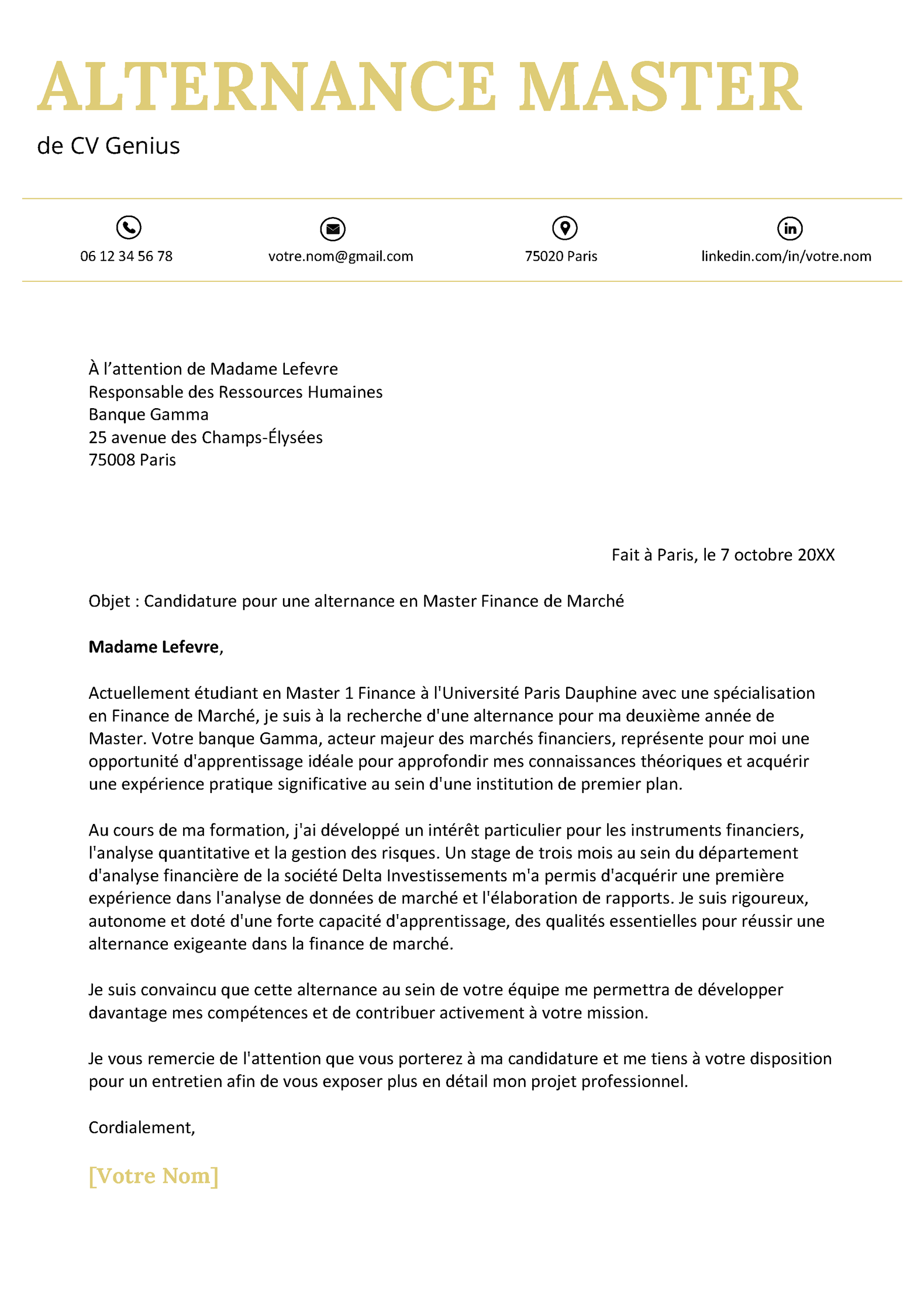 un exemple d'une lettre de motivation pour une alternance master