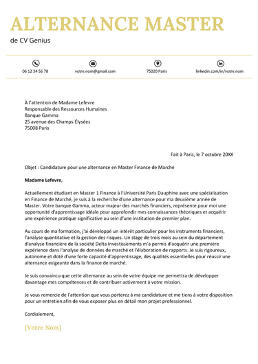 un exemple d'une lettre de motivation pour une alternance master