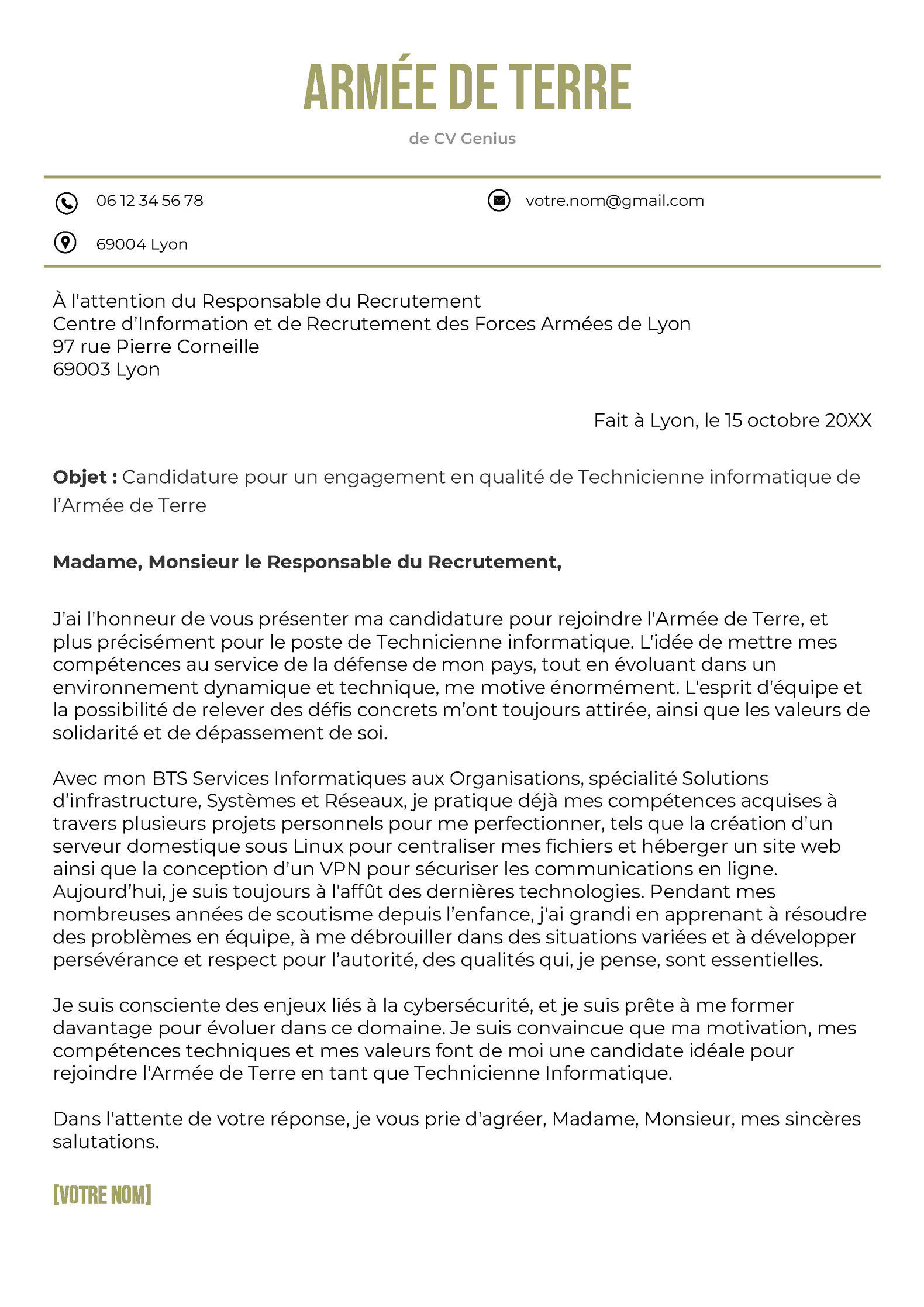 un exemple d'une lettre de motivation pour l'Armée de Terre
