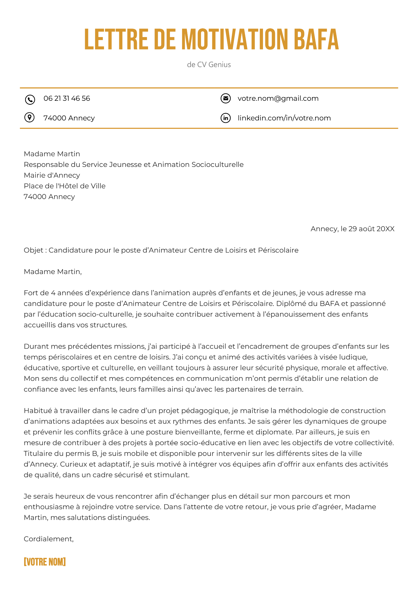 un exemple d'une lettre de motivation BAFA