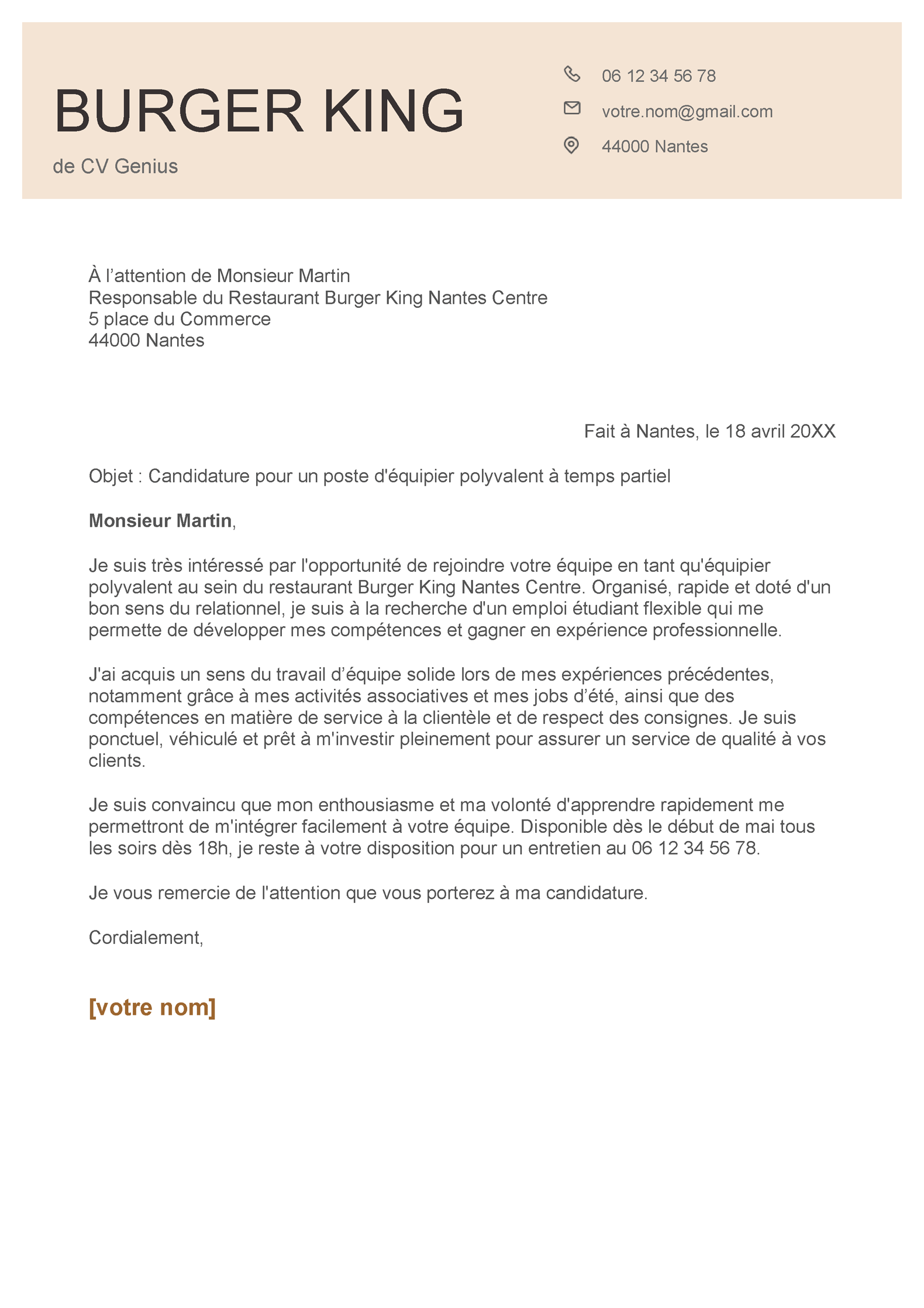 un exemple d'une lettre de motivation pour Burger King