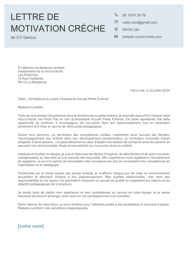 Un exemple d’une lettre de motivation creche