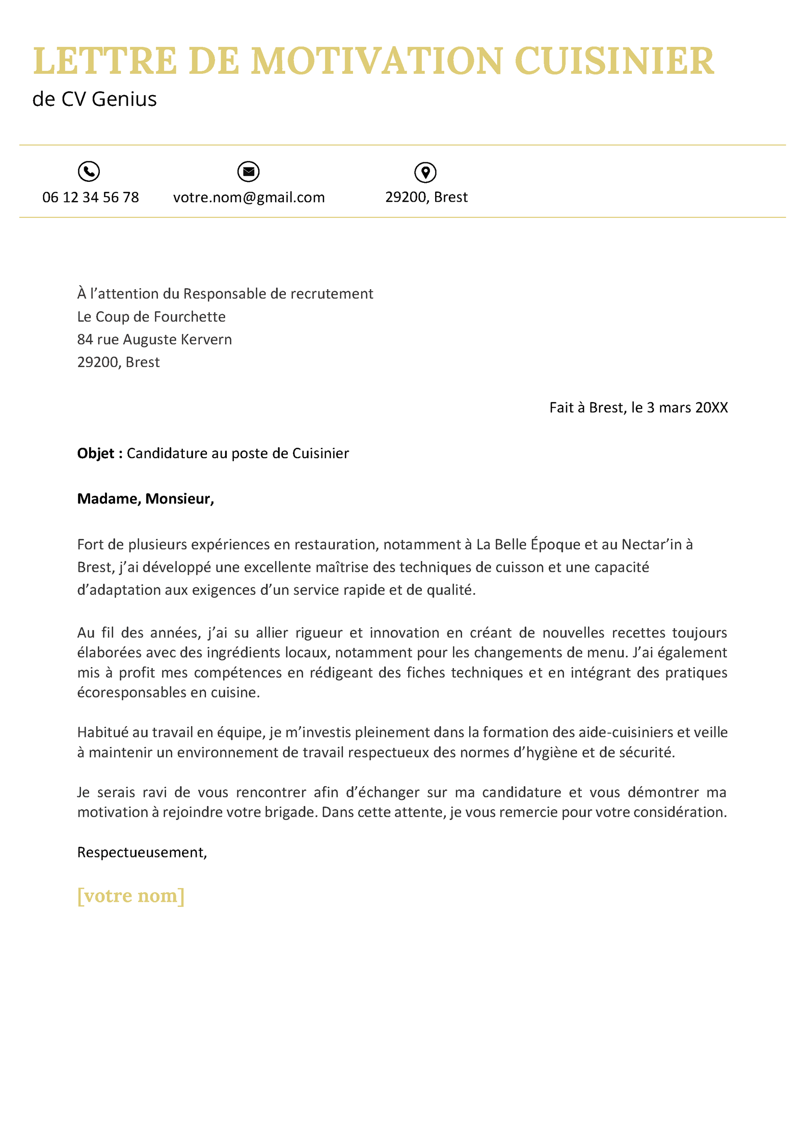 un exemple d'une lettre de motivation pour cuisinier simple et impactante